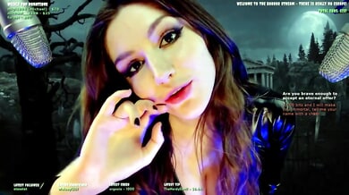 Busty amateur Pelagea films an intense ASMR horror solo session in her dim bedroom, whispering and touching herself until the private webcam feed leaks online