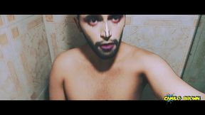 alien boy jerking his big uncut cock in the shower and eating his own cum