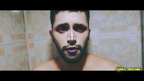 alien boy jerking his big uncut cock in the shower and eating his own cum