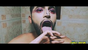 alien boy jerking his big uncut cock in the shower and eating his own cum