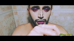 alien boy jerking his big uncut cock in the shower and eating his own cum