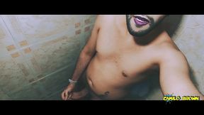 alien boy jerking his big uncut cock in the shower and eating his own cum