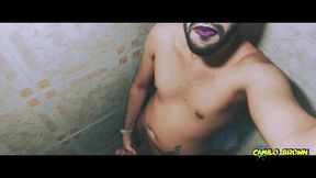 alien boy jerking his big uncut cock in the shower and eating his own cum