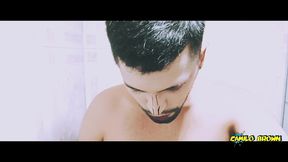 alien boy jerking his big uncut cock in the shower and eating his own cum