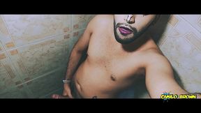 alien boy jerking his big uncut cock in the shower and eating his own cum