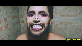 alien boy jerking his big uncut cock in the shower and eating his own cum