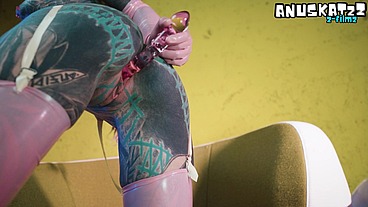 Sexy Tattooed girl in LATEX DP herself with toys