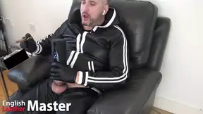 Daddy Jerks Uncut Cock with Toys and Cigar in Leather Tracksuit