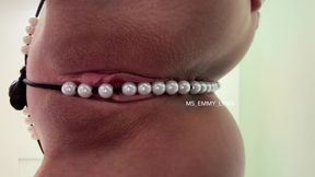 Pearl Thong in Shaved Pussy Close up