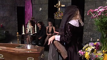 A sad church gathering turns into a foursome with the three nasty milfs with big boobs