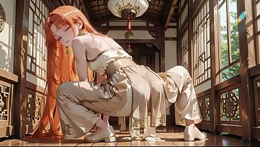AI Generated - Orange-haired Geisha Girl! Sun-drenched Japanese wooden room, she kneels to adjust her sash, a lazy glance that makes you wet instantly.