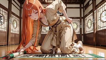 AI Generated - Orange-haired Geisha Girl! Sun-drenched Japanese wooden room, she kneels to adjust her sash, a lazy glance that makes you wet instantly.