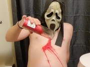 Halloween Ghostface pours hot red wax all over