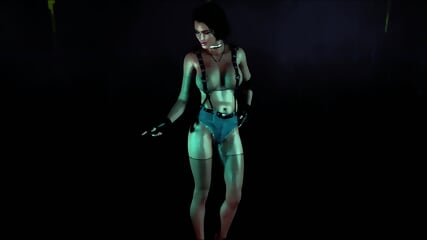 Toned wanton Jill Valentine in slutty outfit dancing against acidic sky