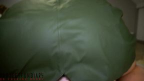 sexy girl in green raincoat riding dick to get cum on her rubber ass - projectfundiary