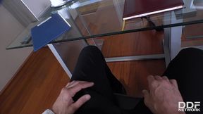 sexy secretary frida sante kneels down to suck your big hard cock in pov