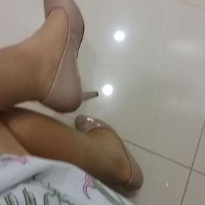 Beige Patent Pumps with Pantyhose Teaser 36