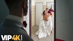 Brunette bride's hairy pussy gets licked and fucked in the WC