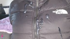 down jacket fetish video - passionate blowjob teasing with huge boobs and cumshot over jacket