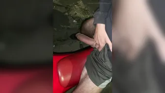 Hairy biker jerks his big cock on the street at night