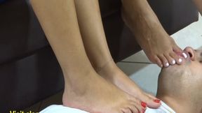 2 DOMME STEPPING AND DOMINATING MALE SLAVE WITH THEIR FEET
