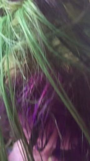 Thick Tattooed Slut with Colored Hair, Caresses Cock with Tongue and Swallows Every Drop