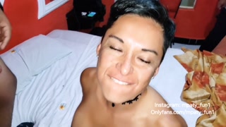 Mexican slut swallowing two loads of cum