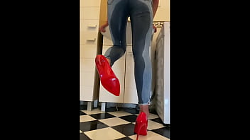 Wetting extremely Jeans and Red classic High Heels and play with Pee