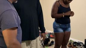 Ebony girl and her boyfriend gets a hard belt spanking