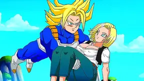 Trunks Rescues Big-Busted Android 18 for Panty Shoot & Creampie Finish