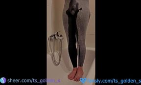 Shemale with big dick destroys leggings piss in face cumshot blast