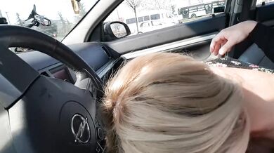 Hot blonde suck her boss's dick in a public parking-Car blowjob