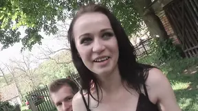 Sweet German brunette teen spitroasted in outdoor threesome