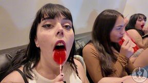 four girls lollipop chewing gum fetish kissing licking 4k
