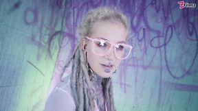 tattood girl with glasses and buttplug fucks a tattooed dick, dp, facial