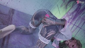 tattood girl with glasses and buttplug fucks a tattooed dick, dp, facial