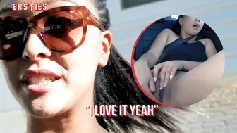 Sexy Jin fingers her shaved pussy in a risky taxi ride
