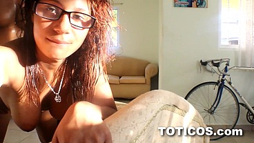 Ay Papi! Nerdy 18yo Shy latina teen step daughter with perfect big tits fucks big black cock step dad in first time video