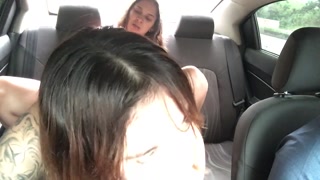 whore can't stand it and pleasures her pussy in an uber with a strap-on