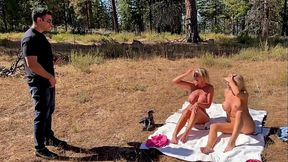 Two seductive milfs fuck and ride a lucky hiker