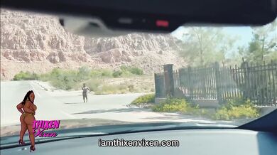 Thick ebony hitchhiker deep throats a thick black cock on the roadside