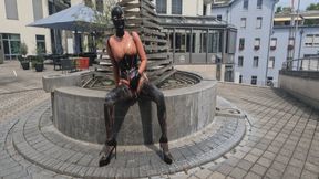 Latex transparent Catsuit, large Butt Plug and mask Flashing, Peeing and fucking in the city Piercings Out PART III