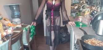 Cooking dinner in a sheer outfit
