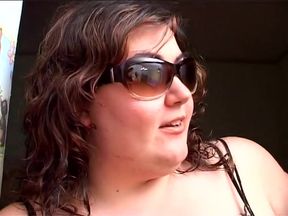 Fat girl with sunglasses sucks and fucks a cock and a dildo