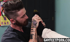 Watch as patient services feet while doctor pleasures himself with his big dick