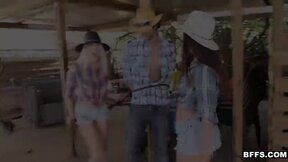 Naughty cowgirls share a cock