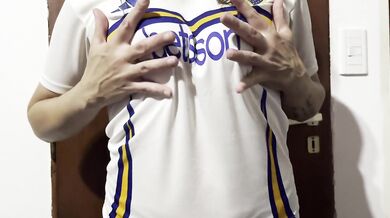 Getting warmed up before the football match... female fan undressing...