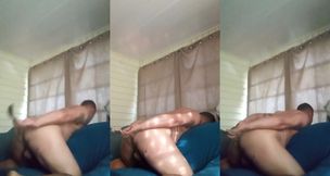 Big tatted stud bends over and shoves spatula in tight hole while daddy watches
