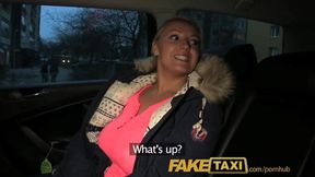 Driver fucks a blonde as well as her fake melons in the taxi