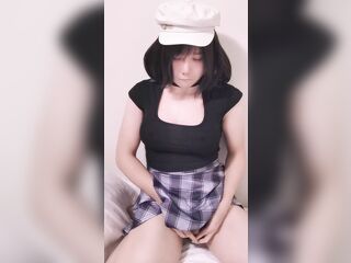 Oriental trans cutie solo masturbates and eat own cum dressing dessert